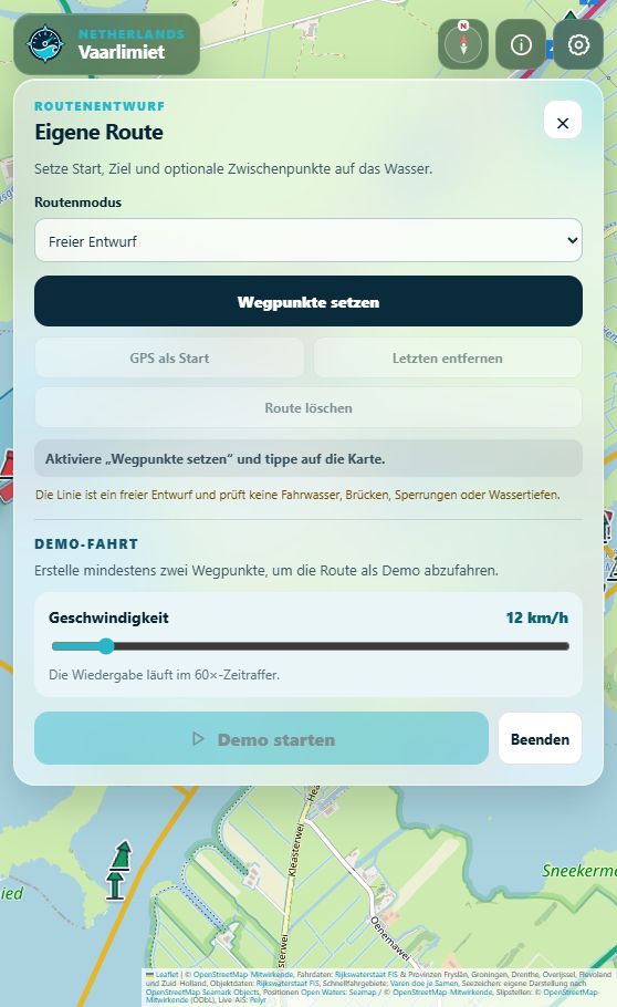 Geöffneter Routenentwurf in Vaarlimiet mit Routenmodus, Wegpunkttaste und Demo-Geschwindigkeit
