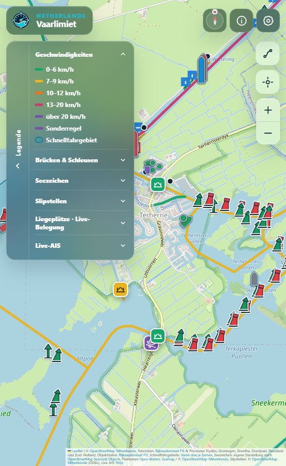 Geöffnete App-Legende mit den farbigen Tempolimit-Linien und dem Zeichen für Schnellfahrgebiete