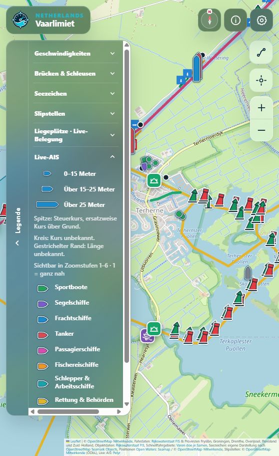 Live-AIS-Legende der App mit drei Schiffslängen und Farben nach Schiffstyp