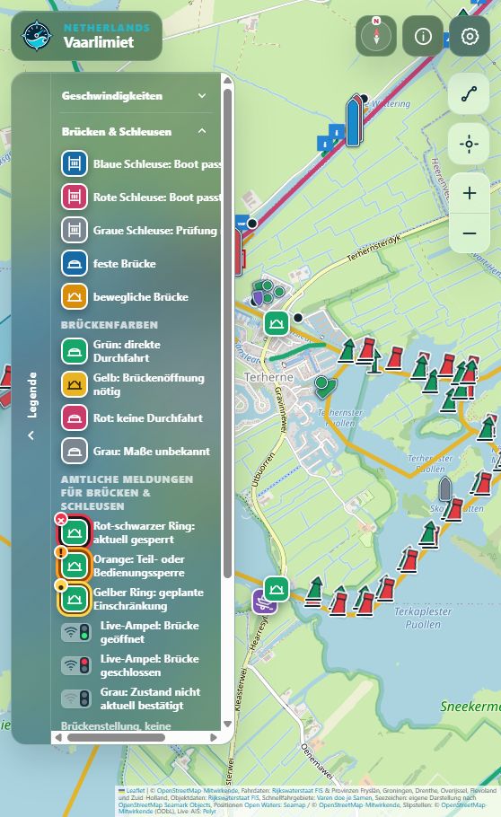 App-Legende mit farbigen Brücken- und Schleusensymbolen, Meldungsringen und Live-Ampeln