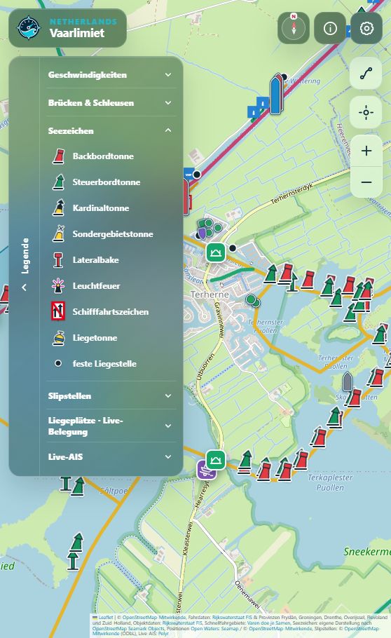Seezeichen-Legende der App mit Tonnen, Baken, Leuchtfeuer, Schifffahrtszeichen und Liegestellen